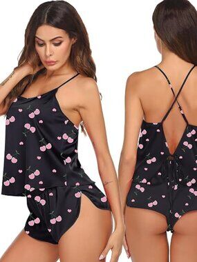 Silk Pajamas Set for Women Satin Backless Lingerie Top and Shorts Nightwear
